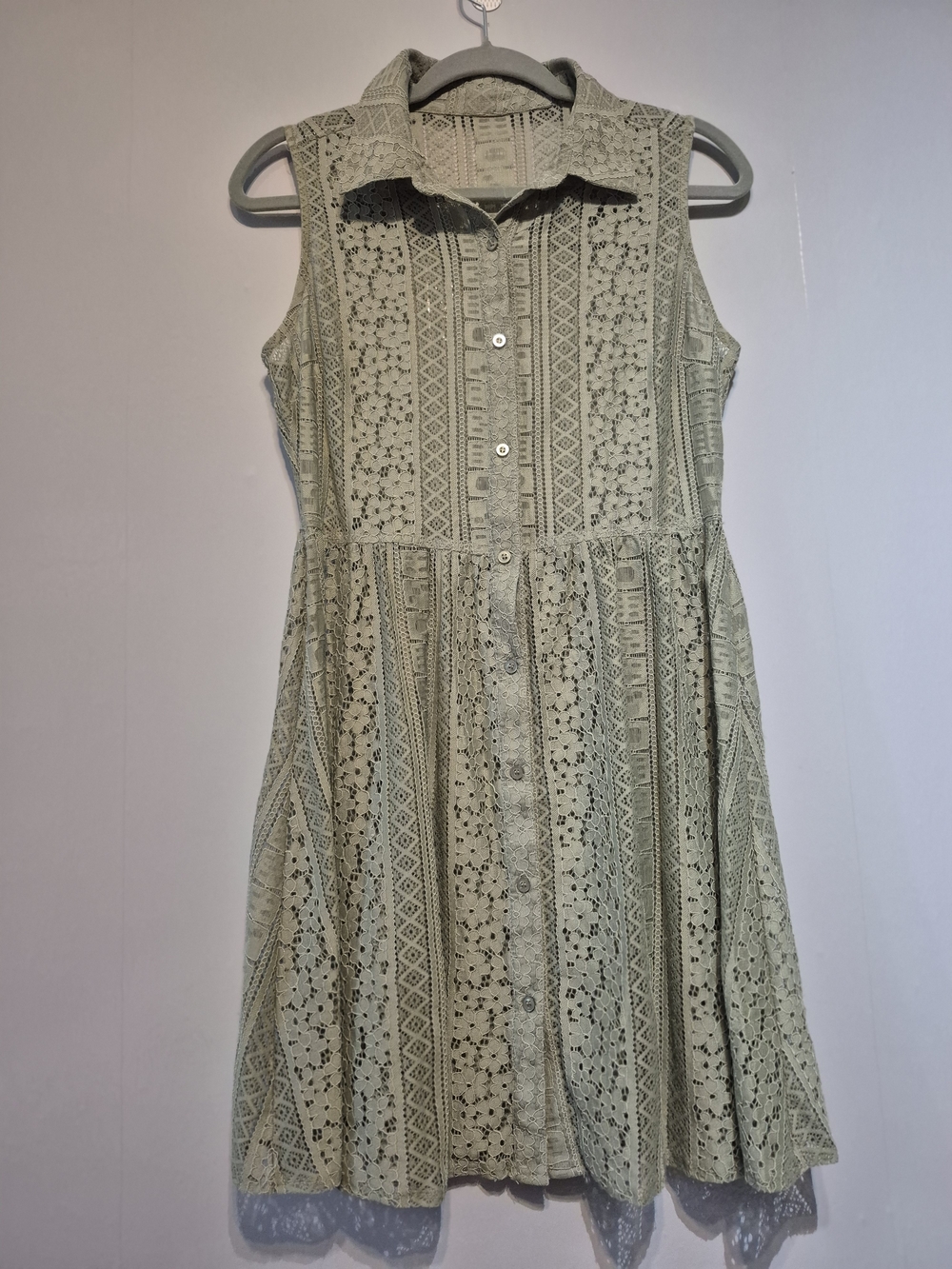 Source Unknown Sleeveless Lace Button-Front Dress in Light Sage
